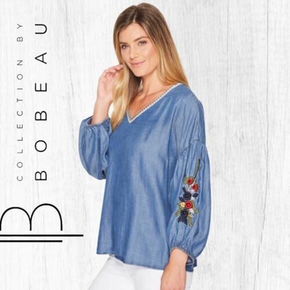 Bobeau Chambray Embroidered Balloon Sleeve Top Size Small - Picture 10 of 10